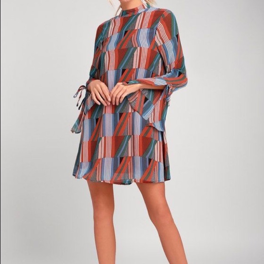 Rust Orange Print Flounce Sleeve Swing Dress